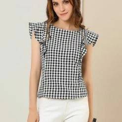 Allegra K Women's Plaid Shirt Flutter Sleeve Boat Neck Ruffle Work Office Blouse