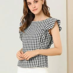 Allegra K Women's Plaid Shirt Flutter Sleeve Boat Neck Ruffle Work Office Blouse