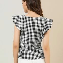 Allegra K Women's Plaid Shirt Flutter Sleeve Boat Neck Ruffle Work Office Blouse