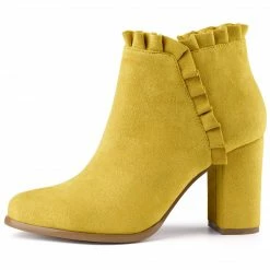Allegra K Women's Ruffle Block Heel Ankle Boots Shoes