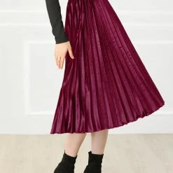 Allegra K Women's High Elastic Waist Velvet Pleated Swing Midi Skirt