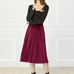 Allegra K Women's High Elastic Waist Velvet Pleated Swing Midi Skirt