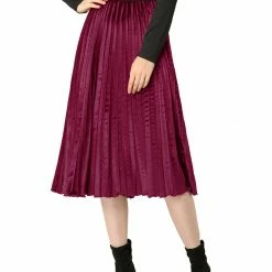 Allegra K Women's High Elastic Waist Velvet Pleated Swing Midi Skirt