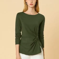 Allegra K Round Neck Front Twist Tops Long Sleeve Shirt
