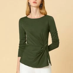 Allegra K Round Neck Front Twist Tops Long Sleeve Shirt