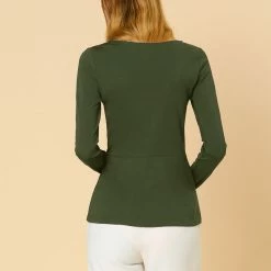 Allegra K Round Neck Front Twist Tops Long Sleeve Shirt