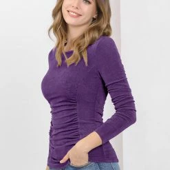 Women Allegra K Ruched Stretchy Blouse Crew Neck Slim Fit Basic Tops