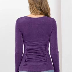Women Allegra K Ruched Stretchy Blouse Crew Neck Slim Fit Basic Tops
