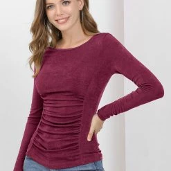 Women Allegra K Ruched Stretchy Blouse Crew Neck Slim Fit Basic Tops