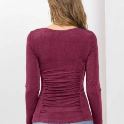 Women Allegra K Ruched Stretchy Blouse Crew Neck Slim Fit Basic Tops
