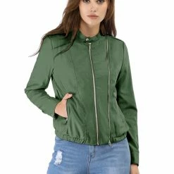 Women Allegra K Stand Collar Lightweight Biker Jacket