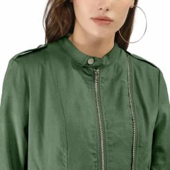 Women Allegra K Stand Collar Lightweight Biker Jacket
