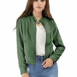 Women Allegra K Stand Collar Lightweight Biker Jacket