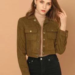 Allegra K Women's Casual Faux Suede Notched Collar Button Up Cropped Jacket With Pockets