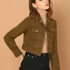Allegra K Women's Casual Faux Suede Notched Collar Button Up Cropped Jacket With Pockets
