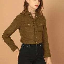 Allegra K Women's Casual Faux Suede Notched Collar Button Up Cropped Jacket With Pockets