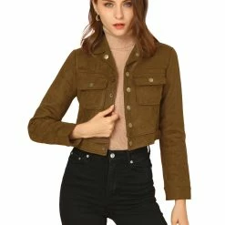 Allegra K Women's Casual Faux Suede Notched Collar Button Up Cropped Jacket With Pockets