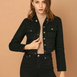 Allegra K Women's Casual Faux Suede Notched Collar Button Up Cropped Jacket With Pockets