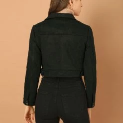 Allegra K Women's Casual Faux Suede Notched Collar Button Up Cropped Jacket With Pockets