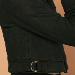 Allegra K Women's Casual Faux Suede Notched Collar Button Up Cropped Jacket With Pockets