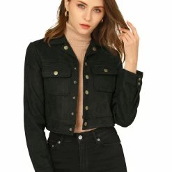 Allegra K Women's Casual Faux Suede Notched Collar Button Up Cropped Jacket With Pockets