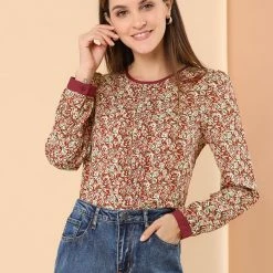 Allegra K Women's Vintage Puff Sleeve Button Down Back Contrast Color Floral Printed Blouse Top