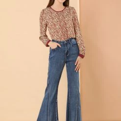 Allegra K Women's Vintage Puff Sleeve Button Down Back Contrast Color Floral Printed Blouse Top