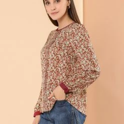 Allegra K Women's Vintage Puff Sleeve Button Down Back Contrast Color Floral Printed Blouse Top