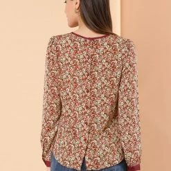 Allegra K Women's Vintage Puff Sleeve Button Down Back Contrast Color Floral Printed Blouse Top