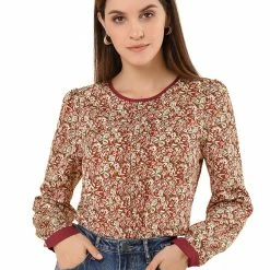 Allegra K Women's Vintage Puff Sleeve Button Down Back Contrast Color Floral Printed Blouse Top