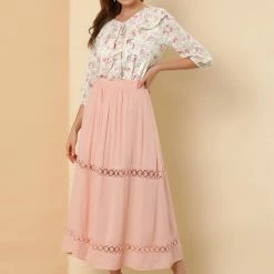 Allegra K Women's Floral Embroidery Ruffled Tie Neck Elbow Sleeve Blouse