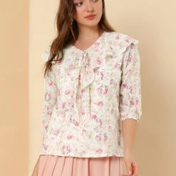 Allegra K Women's Floral Embroidery Ruffled Tie Neck Elbow Sleeve Blouse