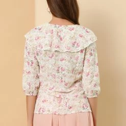 Allegra K Women's Floral Embroidery Ruffled Tie Neck Elbow Sleeve Blouse