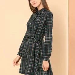 Allegra K Women's Plaid Lantern Sleeve Waist Belt Aline Dress 31 Allegra K Women's Plaid Lantern Sleeve Waist Belt Aline Dress
