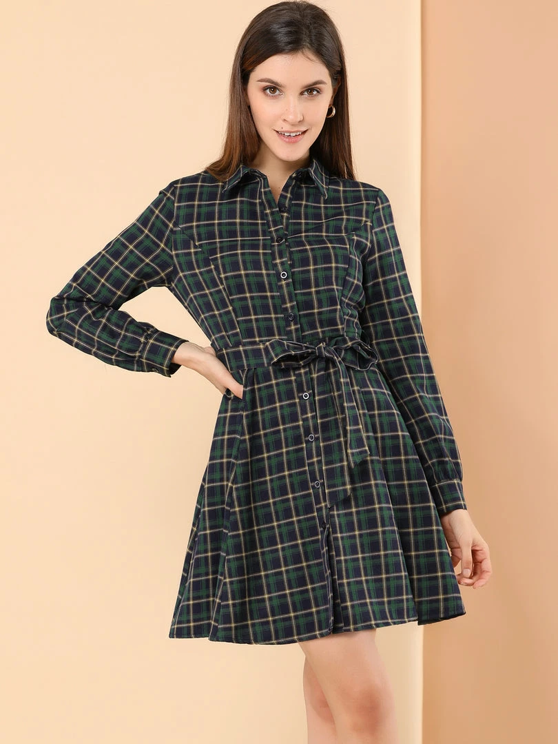 Allegra K Women's Plaid Lantern Sleeve Waist Belt Aline Dress 13 Allegra K Women's Plaid Lantern Sleeve Waist Belt Aline Dress