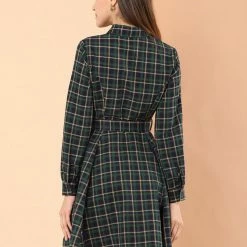 Allegra K Women's Plaid Lantern Sleeve Waist Belt Aline Dress 34 Allegra K Women's Plaid Lantern Sleeve Waist Belt Aline Dress