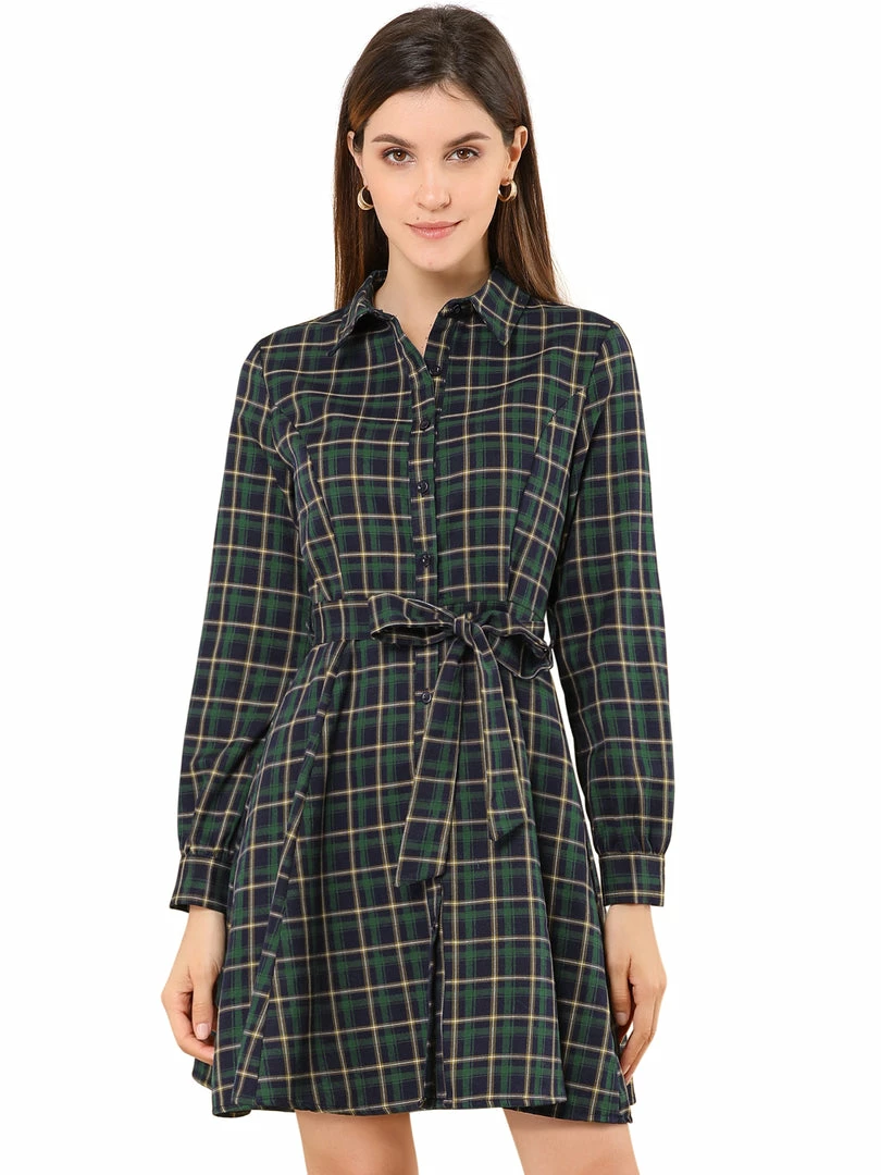 Allegra K Women's Plaid Lantern Sleeve Waist Belt Aline Dress 10 Allegra K Women's Plaid Lantern Sleeve Waist Belt Aline Dress