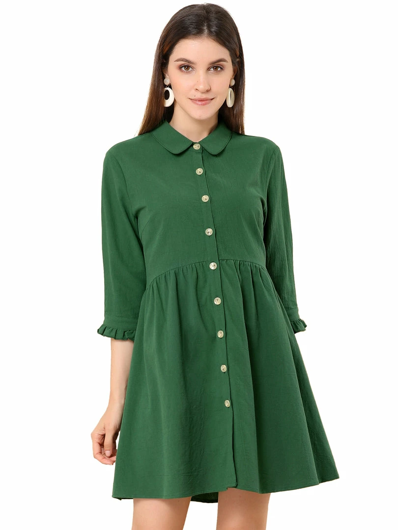 Allegra K Women's 3/4 Sleeve Button Front Flare Mini Shirt Dress 21 Allegra K Women's 3/4 Sleeve Button Front Flare Mini Shirt Dress
