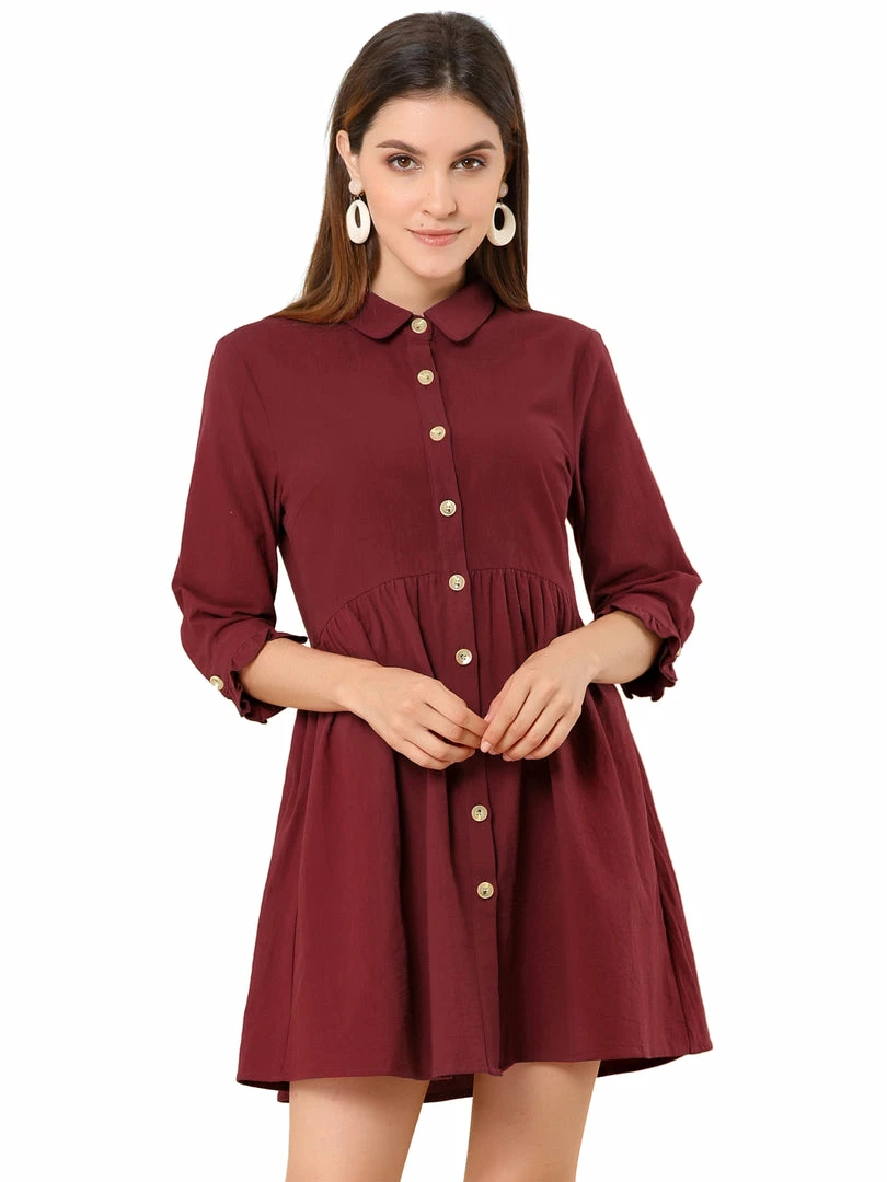 Allegra K Women's 3/4 Sleeve Button Front Flare Mini Shirt Dress 17 Allegra K Women's 3/4 Sleeve Button Front Flare Mini Shirt Dress