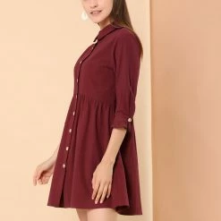 Allegra K Women's 3/4 Sleeve Button Front Flare Mini Shirt Dress 74 Allegra K Women's 3/4 Sleeve Button Front Flare Mini Shirt Dress