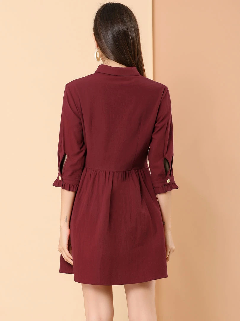 Allegra K Women's 3/4 Sleeve Button Front Flare Mini Shirt Dress 19 Allegra K Women's 3/4 Sleeve Button Front Flare Mini Shirt Dress