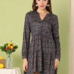 Women Allegra K Floral V Neck Cinched Waist Long Sleeve Dress