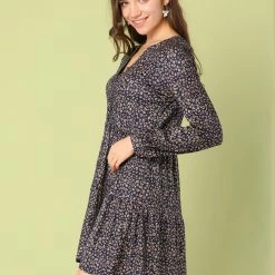 Women Allegra K Floral V Neck Cinched Waist Long Sleeve Dress