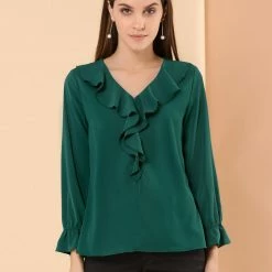 Allegra K Ruffle V Neck Bracelet Sleeve Vintage Peasant Chiffon Blouse Women