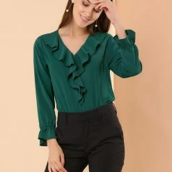 Allegra K Ruffle V Neck Bracelet Sleeve Vintage Peasant Chiffon Blouse Women