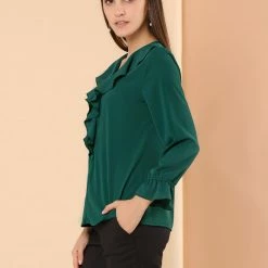 Allegra K Ruffle V Neck Bracelet Sleeve Vintage Peasant Chiffon Blouse Women