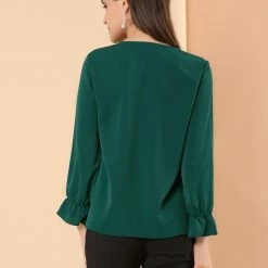 Allegra K Ruffle V Neck Bracelet Sleeve Vintage Peasant Chiffon Blouse Women