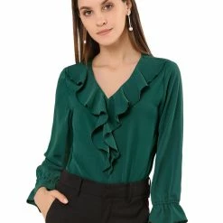 Allegra K Ruffle V Neck Bracelet Sleeve Vintage Peasant Chiffon Blouse Women