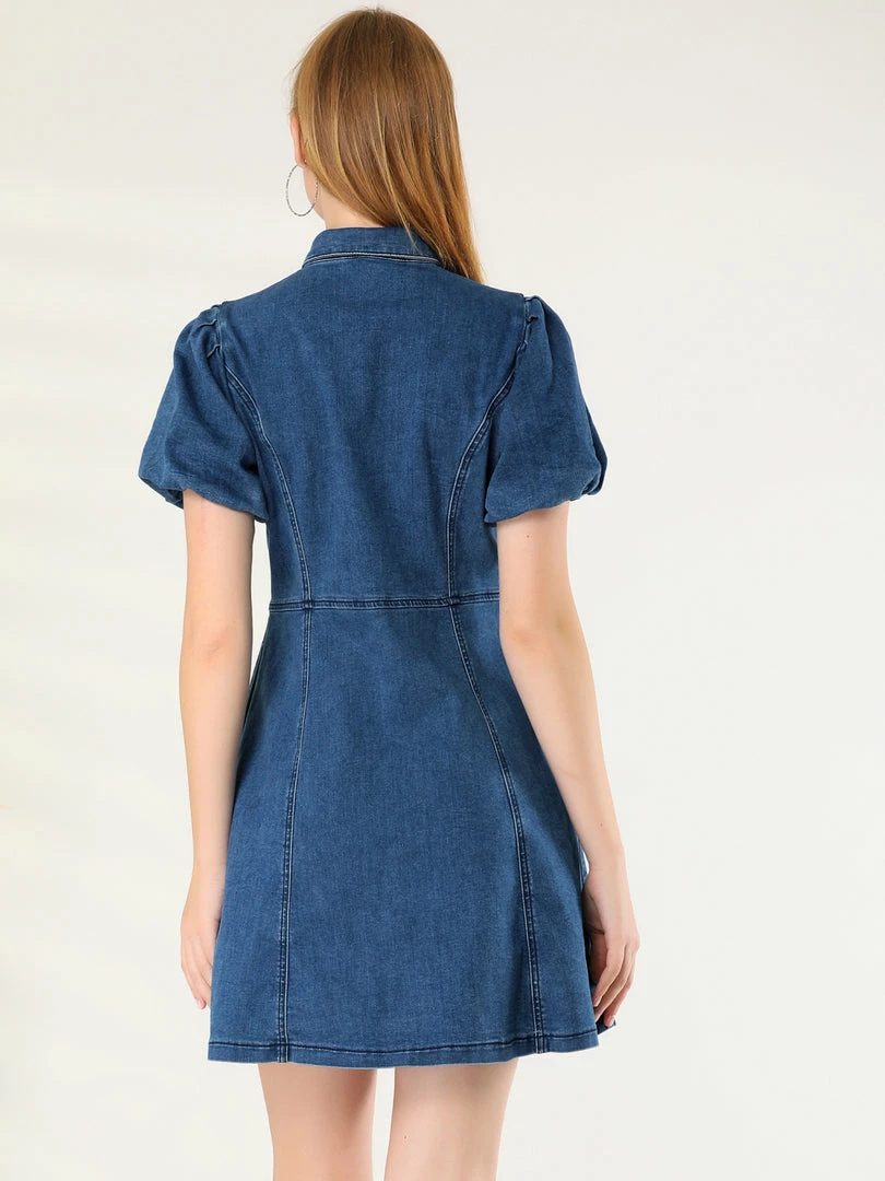 Allegra K Women's Puff Short Sleeve Button Front Mini Jean Denim Dress 13 Allegra K Women's Puff Short Sleeve Button Front Mini Jean Denim Dress