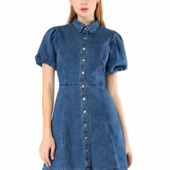 Allegra K Women's Puff Short Sleeve Button Front Mini Jean Denim Dress 38 Allegra K Women's Puff Short Sleeve Button Front Mini Jean Denim Dress